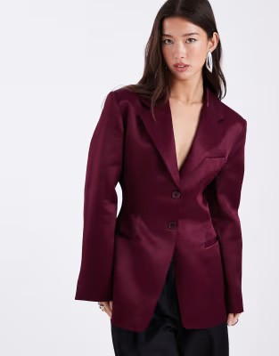 ASOS DESIGN cinch satin blazer in plum | ASOS (Global)