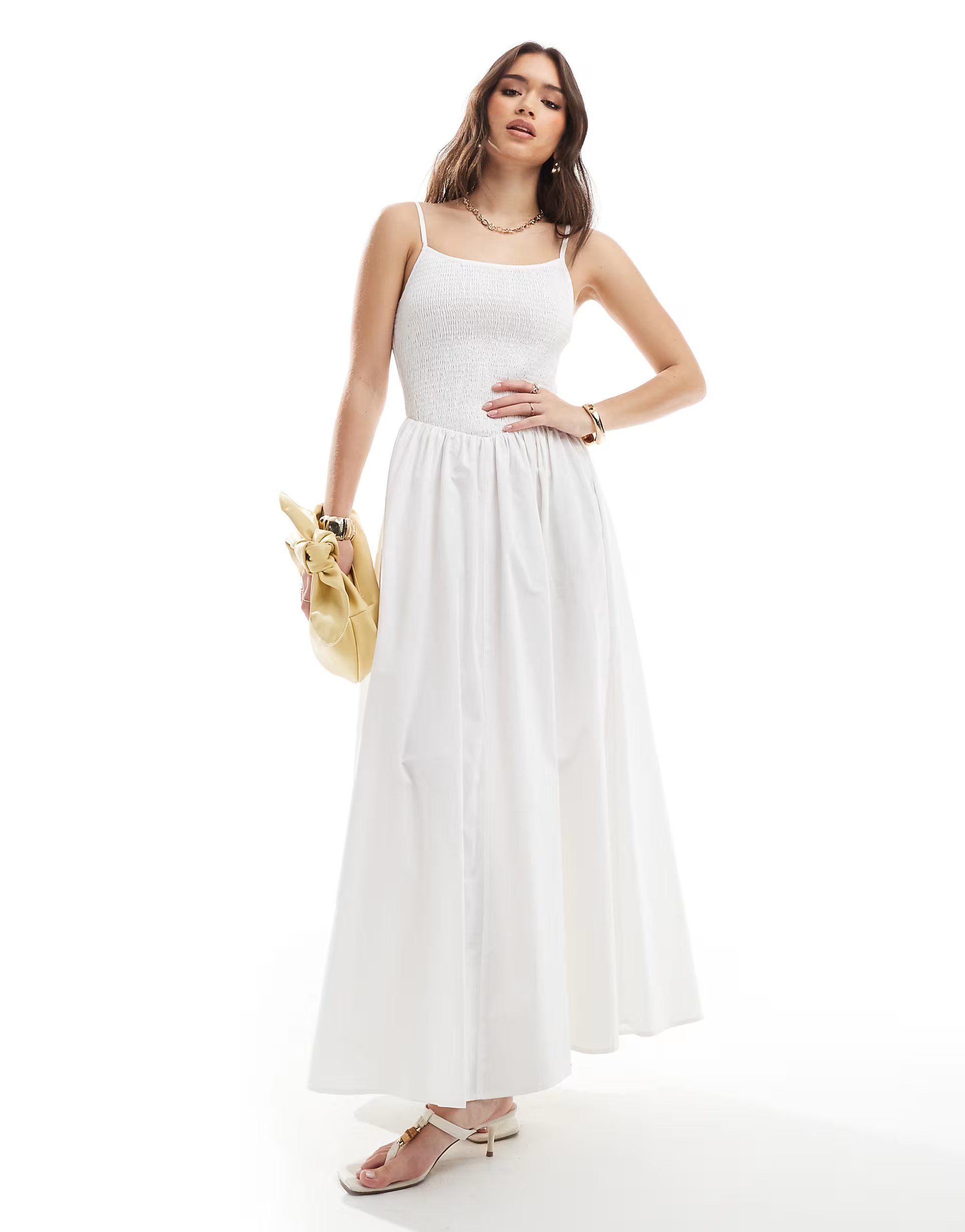 4th & Reckless shirred cami v waist ruched skirt maxi dress in white | ASOS (Global)