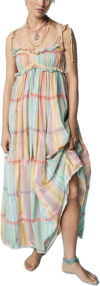Women Y2k Boho Maxi Dress Tie Shoulder Backless Strappy Tiered Flowy Dress 2024 Causal Floral Bea... | Amazon (US)