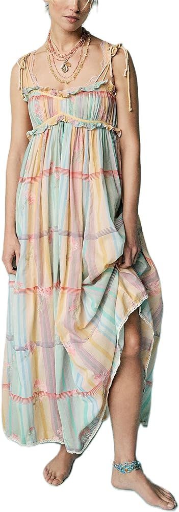 Women Y2k Boho Maxi Dress Tie Shoulder Backless Strappy Tiered Flowy Dress 2024 Causal Floral Bea... | Amazon (US)