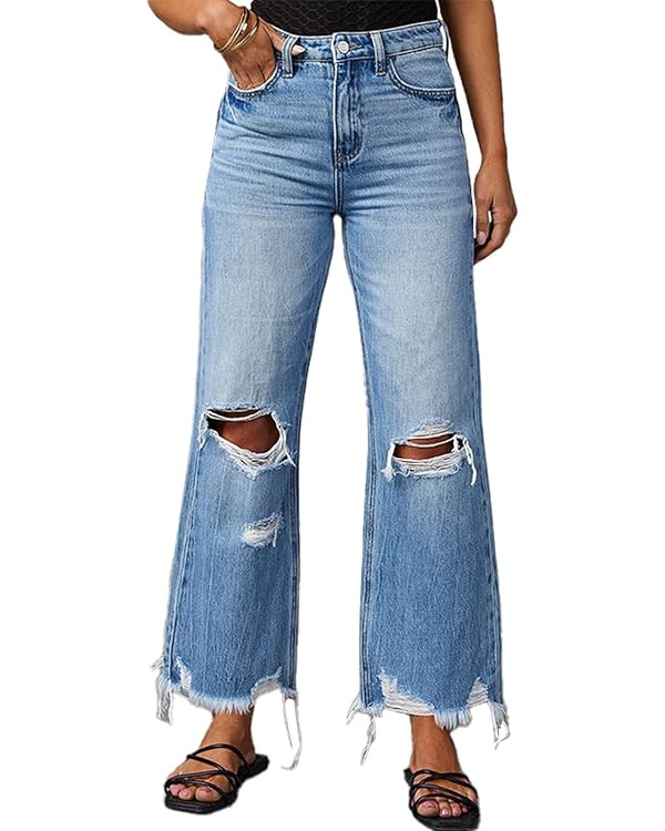 cffvdiz Women's Ripped Bell Bottom Jeans High-Rise Distressed Raw Edge Hem Boyfriend Wide Leg Den... | Amazon (US)