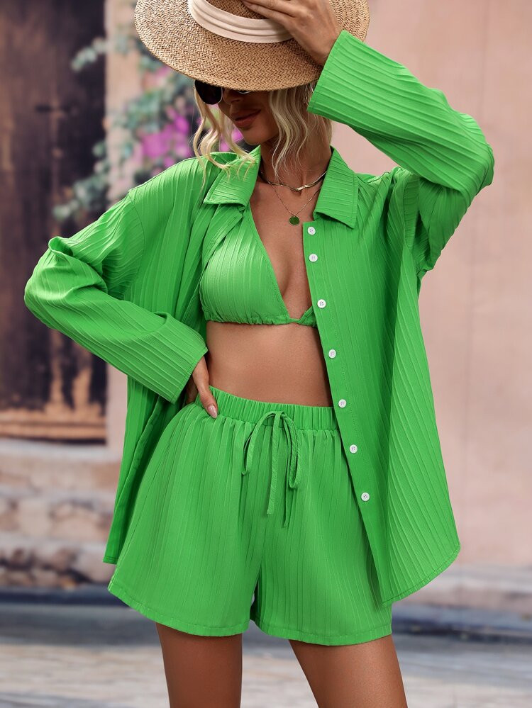 Drop Shoulder Shirt & Crop Halter Top & Shorts | SHEIN