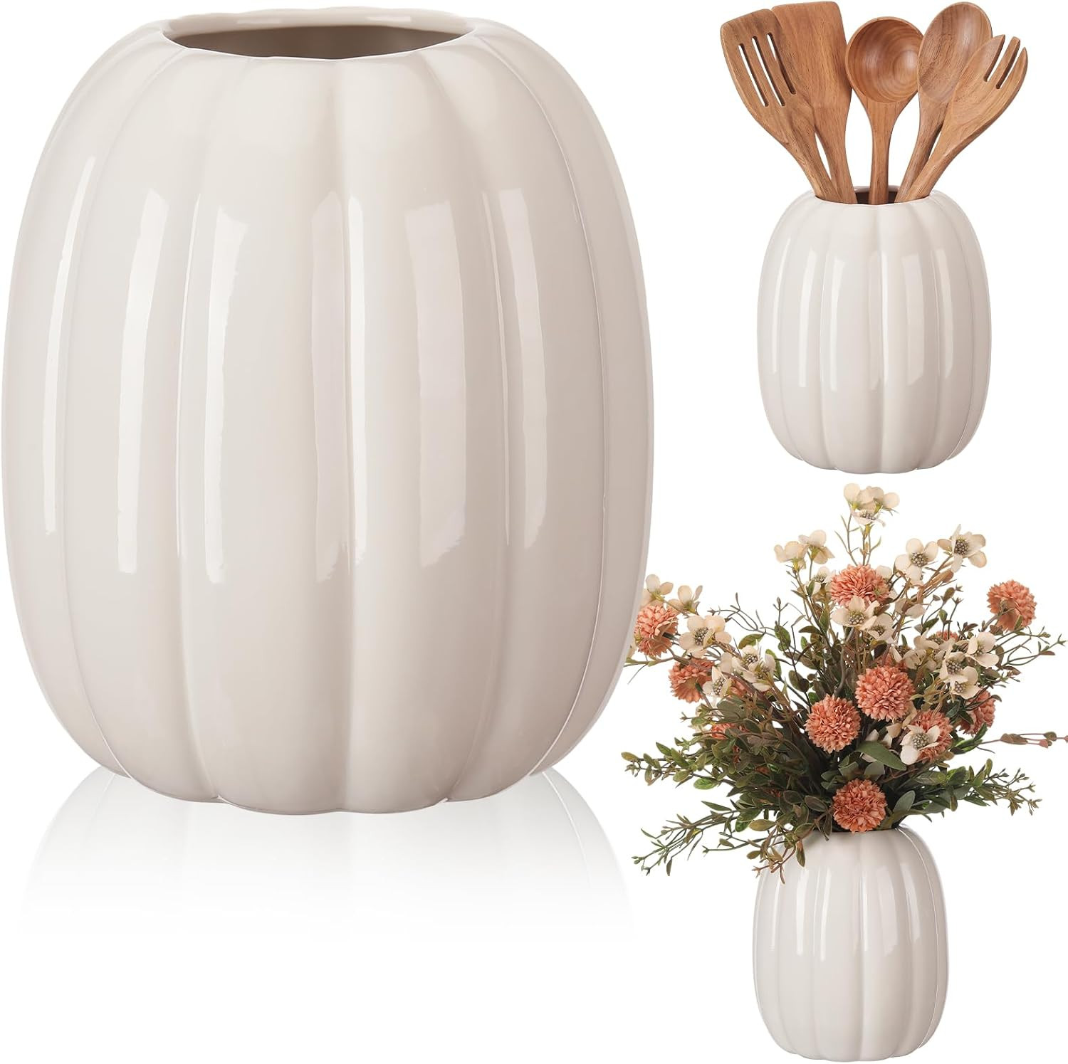 Beeveer 6.7 Inch Ceramic Pumpkin Vase, Large White Pumpkin Utensil Holder | Amazon (US)