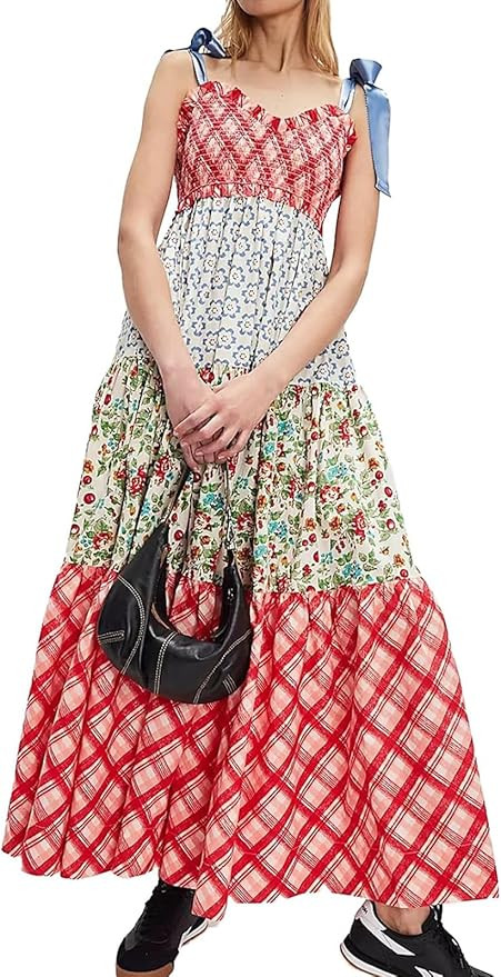 Women Floral Maxi Dress Spaghetti Straps V Neck Lace Patchwork Flowy Tiered Boho Beach Sundress L... | Amazon (US)