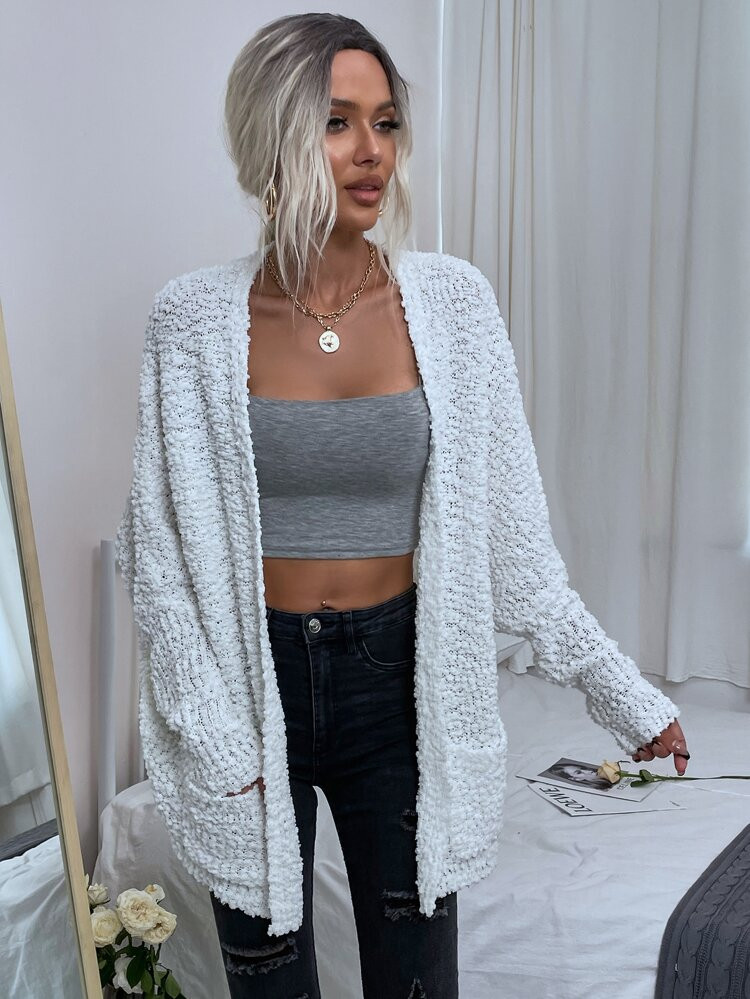 Patch Pocket Open Front Popcorn Knit Cardigan | SHEIN