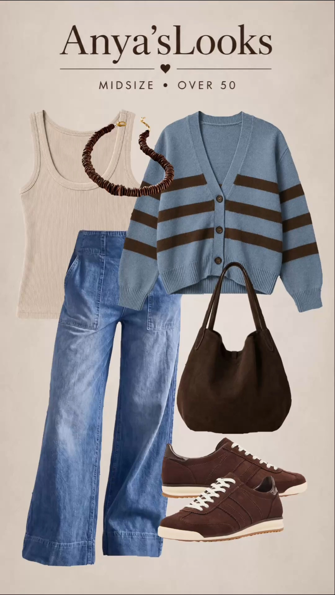 An easy everyday outfit for women over 50 that feels comfortable, modern, and put together without trying too hard. 🤎

I love the mix of relaxed wide-leg jeans, a simple neutral tank, striped cardigan, chocolate brown sneakers and bag. The soft blue + rich brown combination is such an easy way to start transitioning your wardrobe into fall while still wearing pieces that work right now.

If you’re looking for midsize outfit ideas, casual outfits for women over 50, flattering size 14 style, fall transition outfits, wide leg jeans outfits, cardigan outfits, or comfortable everyday style, save this one for inspiration. 🤎

women over 50 fashion • midsize fashion • midsize over 50 • size 14 outfits • casual outfits over 50 • fall outfits for women over 50 • fall transition outfit • wide leg jeans outfit • cardigan outfit ideas • comfortable stylish outfits • everyday outfits for women 50+ • mature women fashion • midlife style • sneakers with jeans