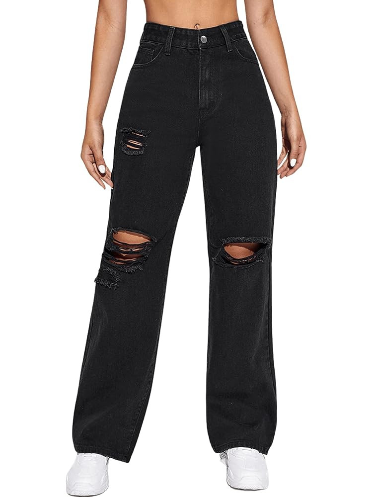 SweatyRocks Women's High Waist Slant Pocket Denim Jeans Ripped Straight Leg Pants | Amazon (US)
