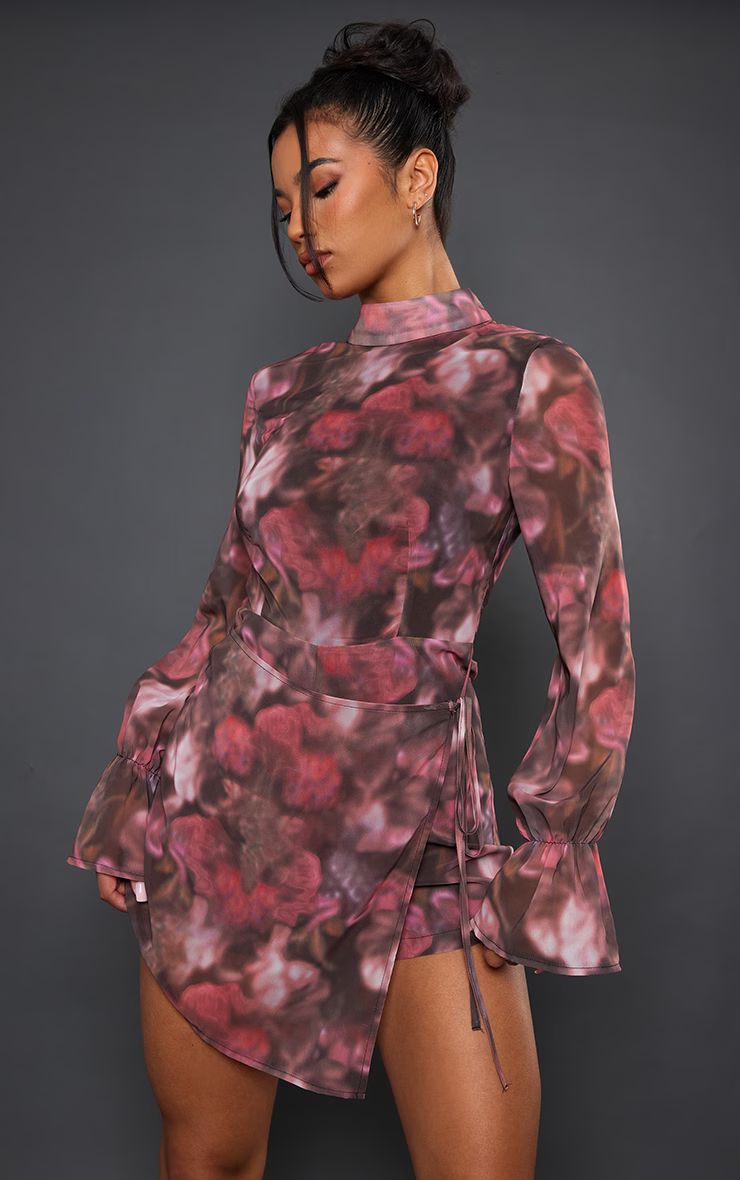 Multi Blurred Floral Print Chiffon Wrap Detail Romper | PrettyLittleThing US