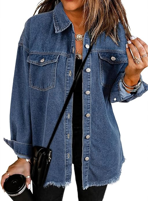 Dokotoo Women's Oversized Denim Jacket Casual Long Sleeve Denim Shirts Distresse Jean Jacket | Amazon (US)