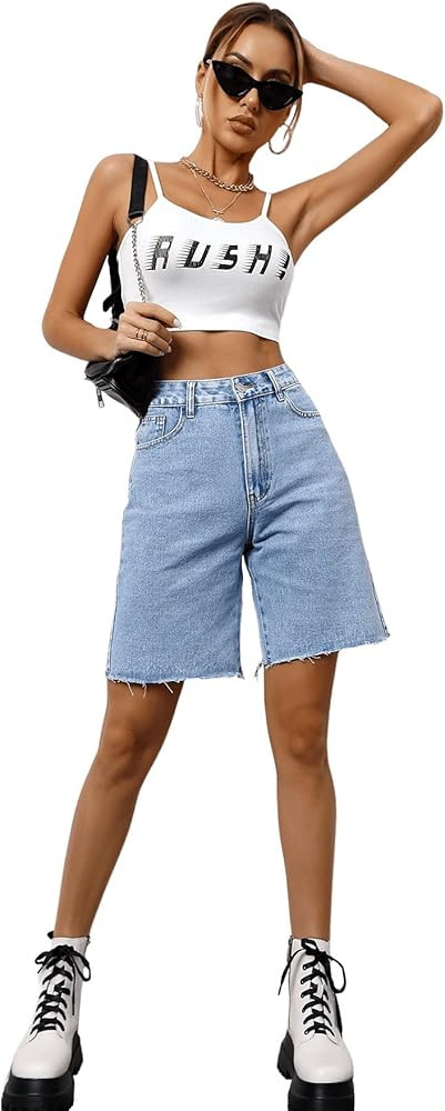 SweatyRocks Women's Casual High Waist Straight Leg Jean Shorts Raw Hem Denim Bermuda Shorts | Amazon (US)
