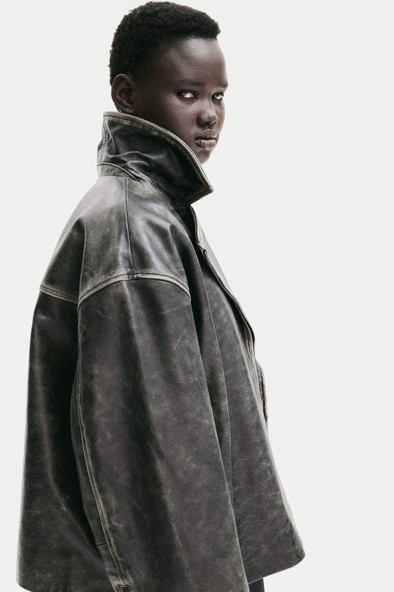 Leather biker jacket - Black/Worn out - Ladies | H&M GB | H&M (UK, MY, IN, SG, PH, TW, HK)