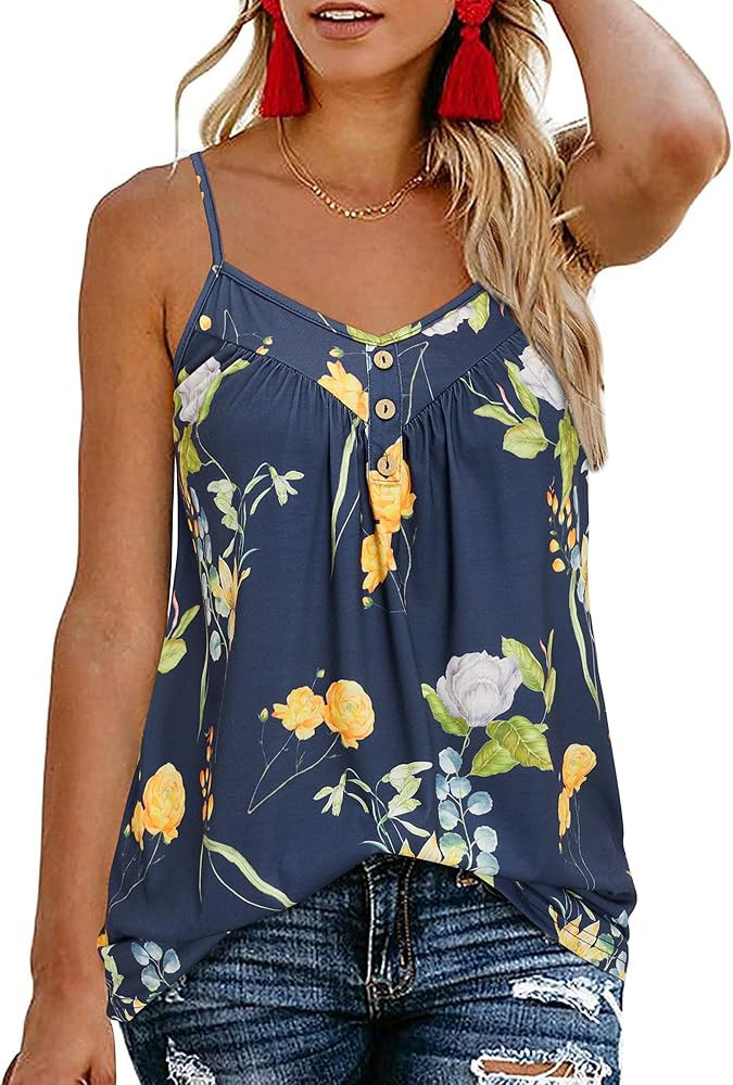 KILIG Women's Button V Neck Floral Spaghetti Strap Tank Tops Loose Sleeveless Summer Shirts Blouses | Amazon (US)