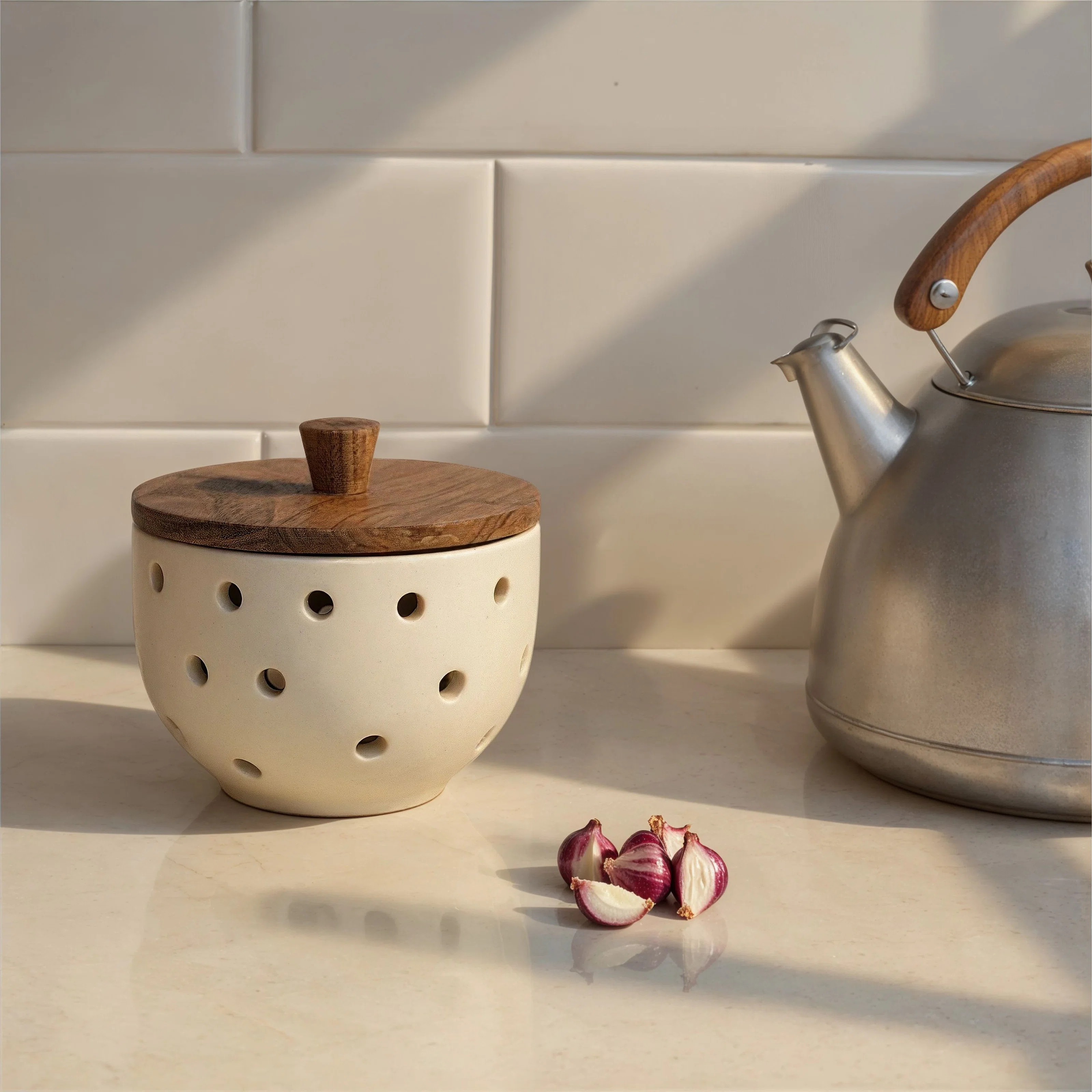 Stoneware Garlic & Onion Keeper With Mango Wood LidByOphelia & Co. | Wayfair North America
