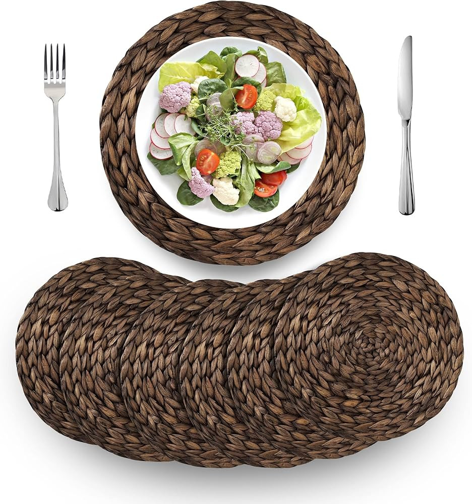 (4 Sizes: 12"-13"-14"-15") BARIEN Rustic Woven Placemats Round Set of 6, Natural Water Hyacinth W... | Amazon (US)
