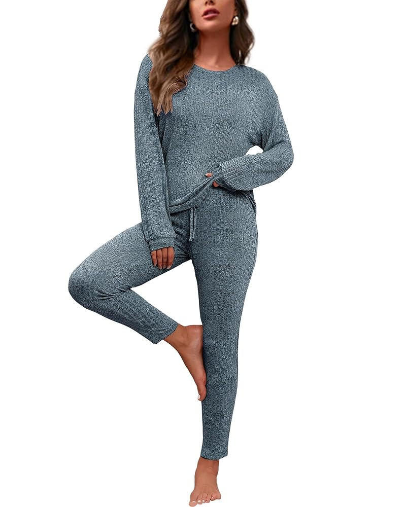 difficort Womens Pajama Sets Long Sleeve Pjs Soft Sleepwear Ribbed Knit Lounge Set with Pockets | Amazon (US)