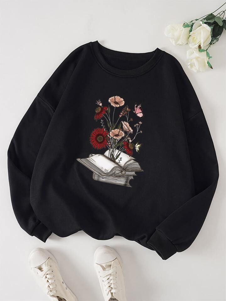 SHEIN LUNE Plus Book & Floral Print Thermal Lined Sweatshirt | SHEIN