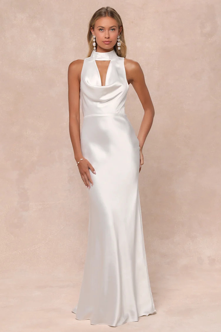 Gorgeous Vow White Satin Mock Neck Cowl Mermaid Maxi Dress | Lulus