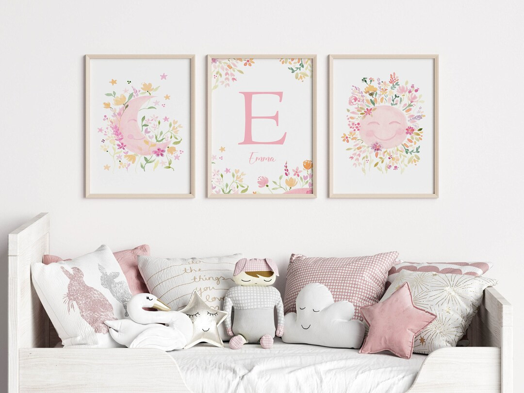 Wildflower Sun And Moon Wall Art Set Of 3, Celestial Girl Nursery Prints, Initial Name Watercolor... | Etsy (US)