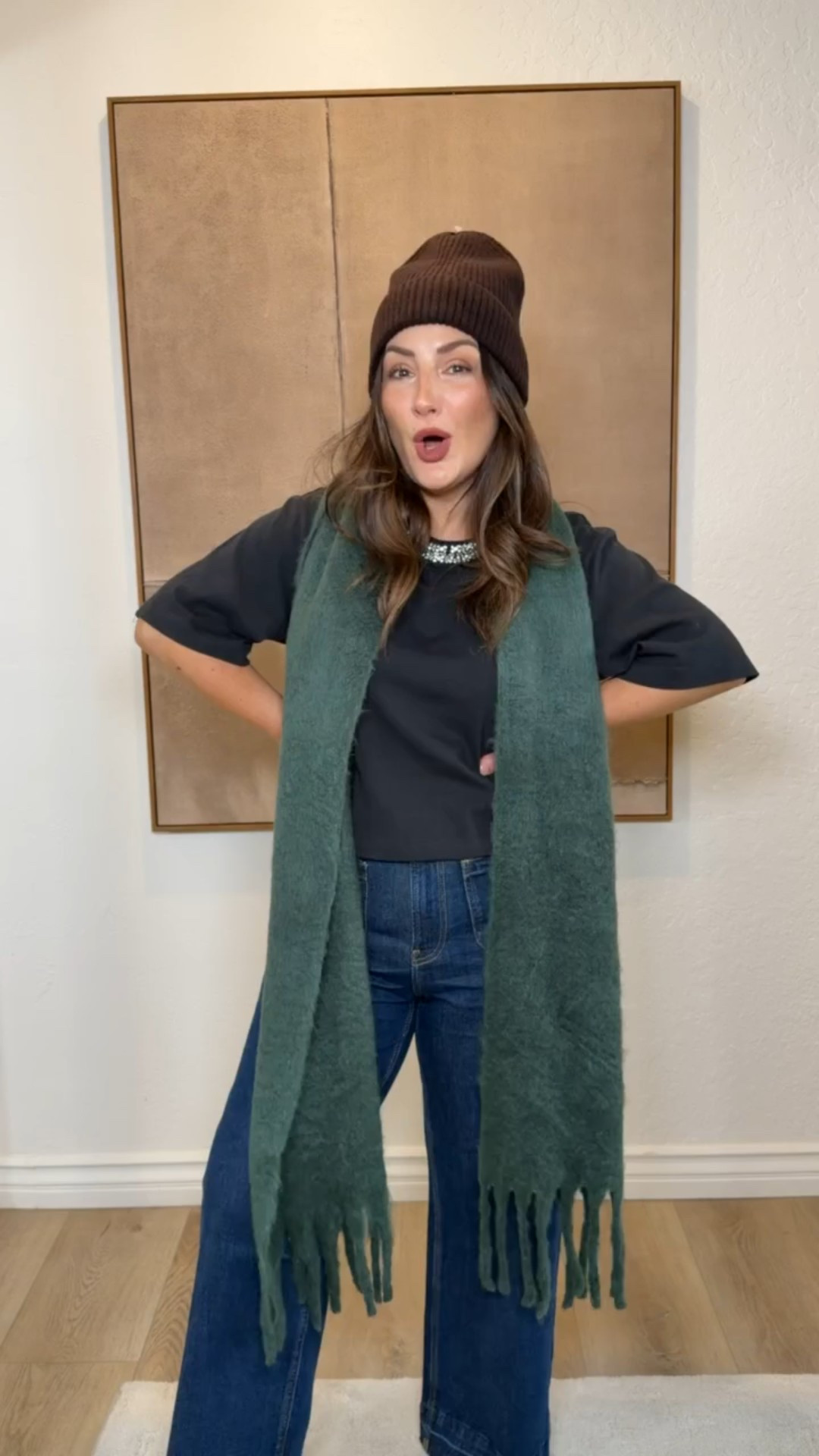 Winter cozies incoming ❄️ The CashSoft beanie in terra brown + fringe scarf in deep hunter green make the easiest cold-weather pairing! Styled here with my tee + jeans, but these accessories work with everything! 

Wearing: 
Hat: One Size 
Scarf: One Size 
Tee: Small Petite
 Jeans: 27 Regular 

5’0” | 140 lbs 

#LTKSaleAlert #LTKPetite #LTKSeasonal