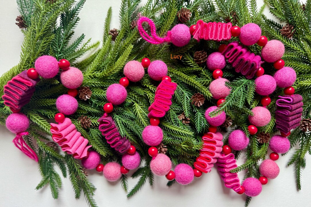 Pink Pompom Christmas Garland: Wool Felt Ribbon Candy, Handmade 5.6 Ft - Etsy | Etsy (US)