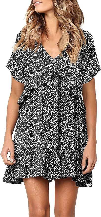 liher Women Summer Dress V Neck Short Sleeve Ruffle Casual Loose Swing Dresses | Amazon (US)