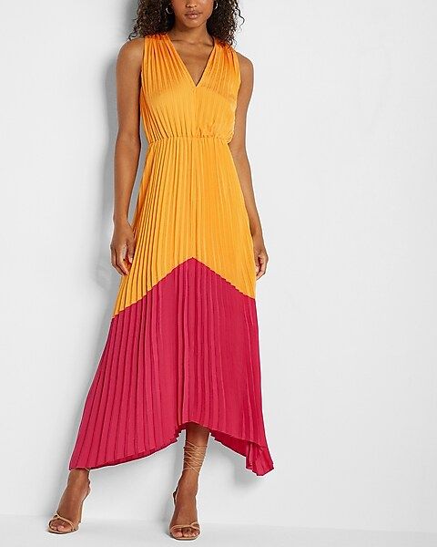 Satin Pleated Color Block Maxi Dress | Express