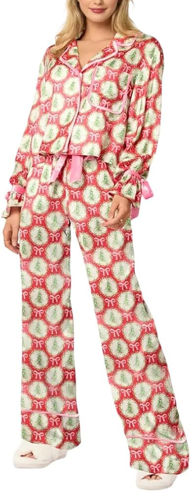 Womens 2 Piece Cute Christmas Pajamas Set Pink Bow Tie Cuff Long Sleeve Button Santa Silk Christm... | Amazon (US)