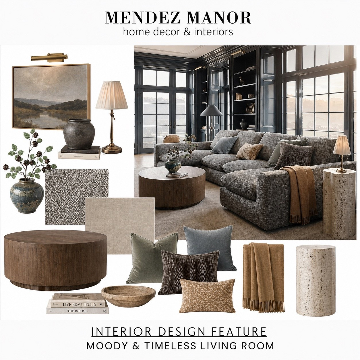 living room design featuring a curved sectional sofa, round wood coffee table. 

brass picture light, linen table lamp, travertine side table, textured area rug, neutral throw pillows, velvet accent pillows, camel throw blanket, oversized landscape artwork, ceramic vase styling, decorative coffee table books, wood dough bowl, layered neutral decor, and warm wood tones.

#LTKHome