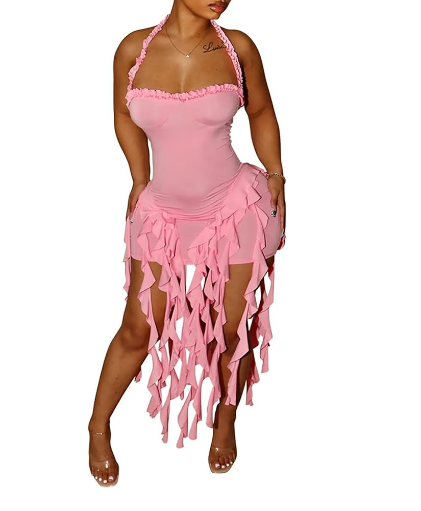 Aro Lora Womens Sexy Halter Neck Sleeveless Ruffle Tassel Party Club Bodycon Mini Dress | Amazon (US)