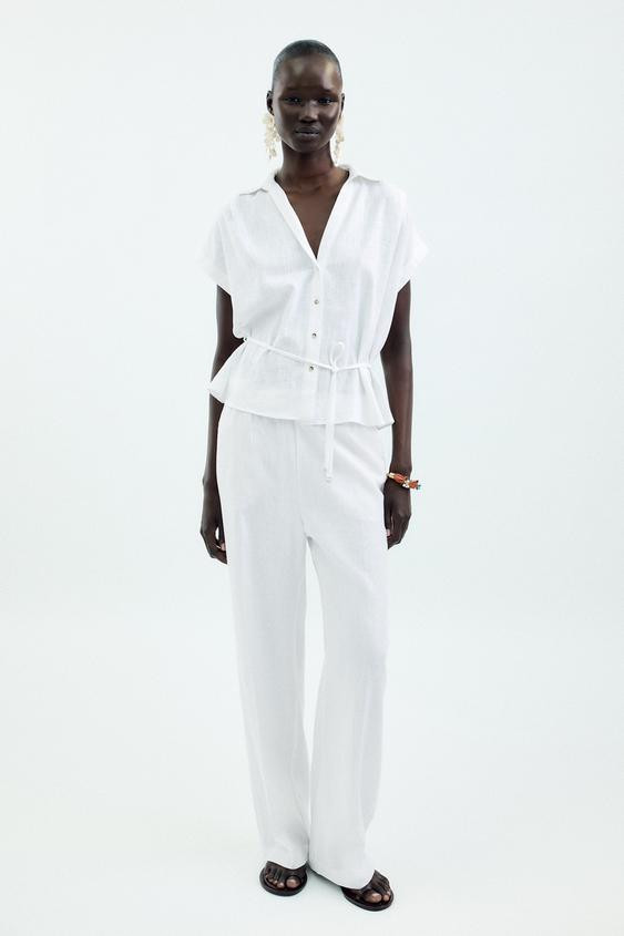 LINEN BLEND BELTED BLOUSE | Zara UK