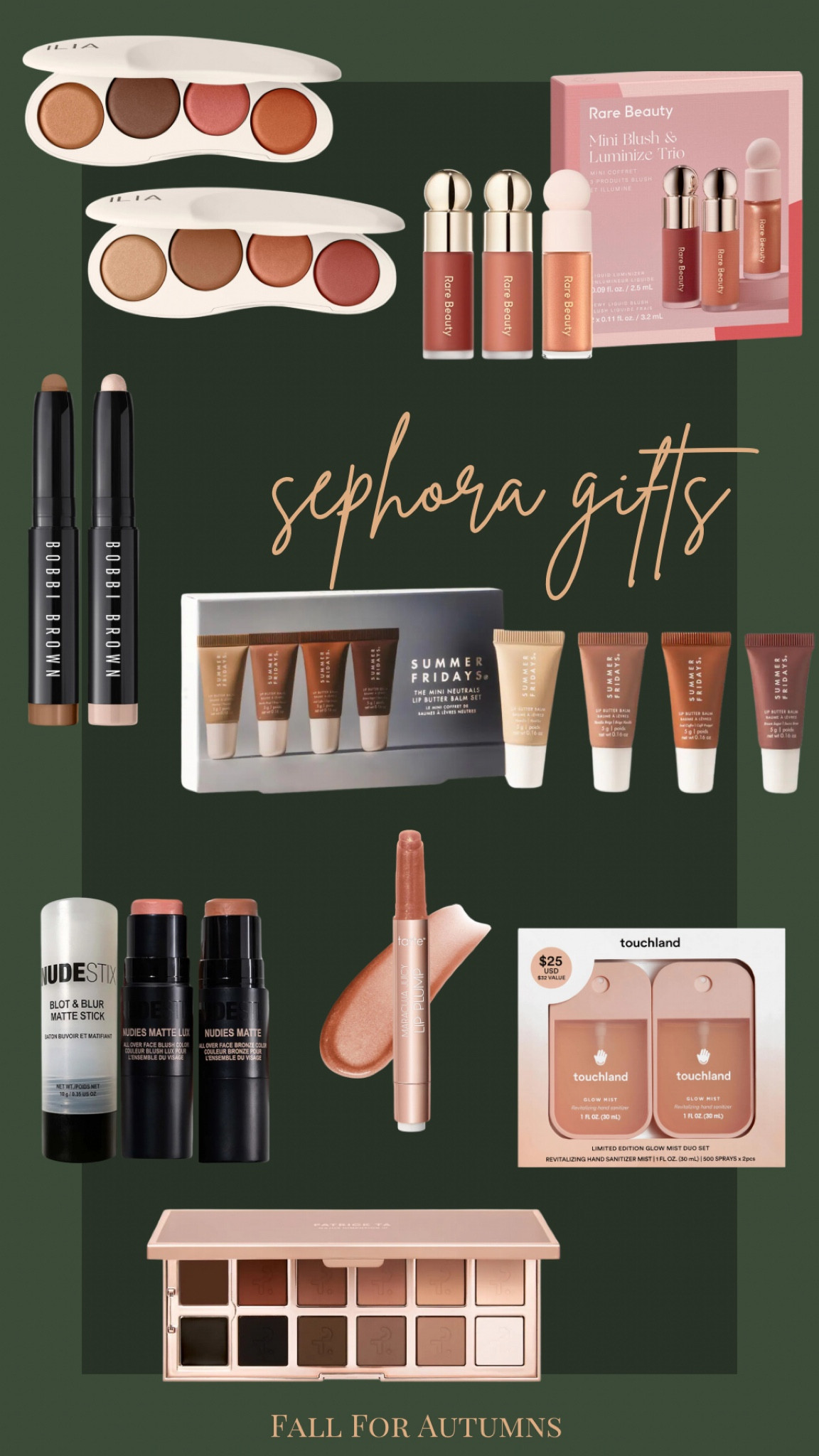 Sephora gifts for autumns, true autumn, soft autumn, dark autumn, house of colour autumn, HOCautumn, beauty gifts, gift sets, touchland, stocking stuffers, summer Fridays, lip glosss, Nudestix, cream eyeshadow stick, warm tones, warm undertones, color analysis, rare beauty, bronze, browns, neutrals, nudes, gifts for her, favorite things, gifts under $50, gifts under $100, lip butter

#LTKGiftGuide #LTKBeauty #LTKFindsUnder100