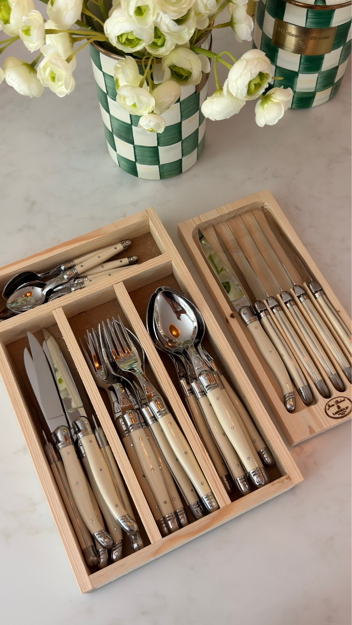 Kitchen must haves 

AMAZING quality!
I love these silverware. They came with the certification so I know they are the real deal.

Jean Dubost Laguiole 24 Piece Flatware Set

Jean Dubost Laguiole Steak Knives (Set of 6)
