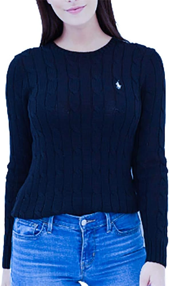 Polo Ralph Lauren Women Cable Knit Crew Neck Sweater (Medium, French-Navy/White Pony) | Amazon (US)