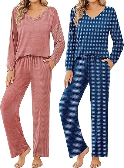 Ekouaer Womens 2 Pack Pajama Sets Long Sleeve Pajamas Top and Pants V Neck Soft Pjs Set Loungewea... | Amazon (US)