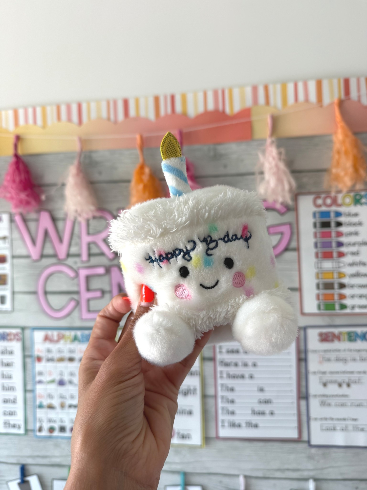 Birthday cake stuffed animal to celebrate student birthdays in the classroom! Place on the birthday student’s desk!