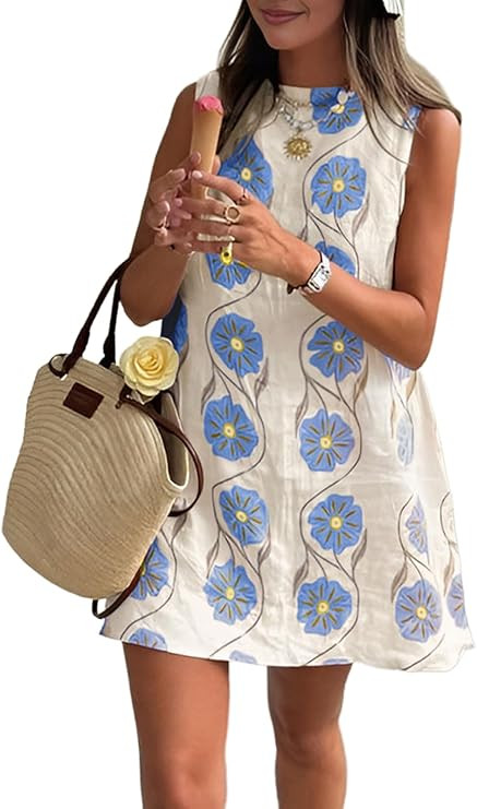 CHARTOU Women 2025 Summer Sleeveless Floral Short Shift Dress Cotton Linen Loose Tank Dress | Amazon (US)