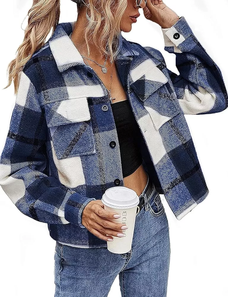 Gihuo Women's Casual Plaid Cropped Shacket Long Sleeve Button Down Short  Flannel Jacket Coat