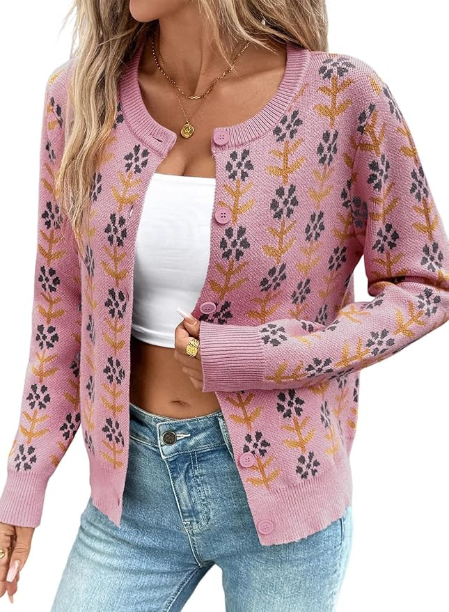 Sidefeel Women's Button Down Cardigan Sweater Long Sleeve Cute Floral Printed Cropped Sweater Coa... | Amazon (US)