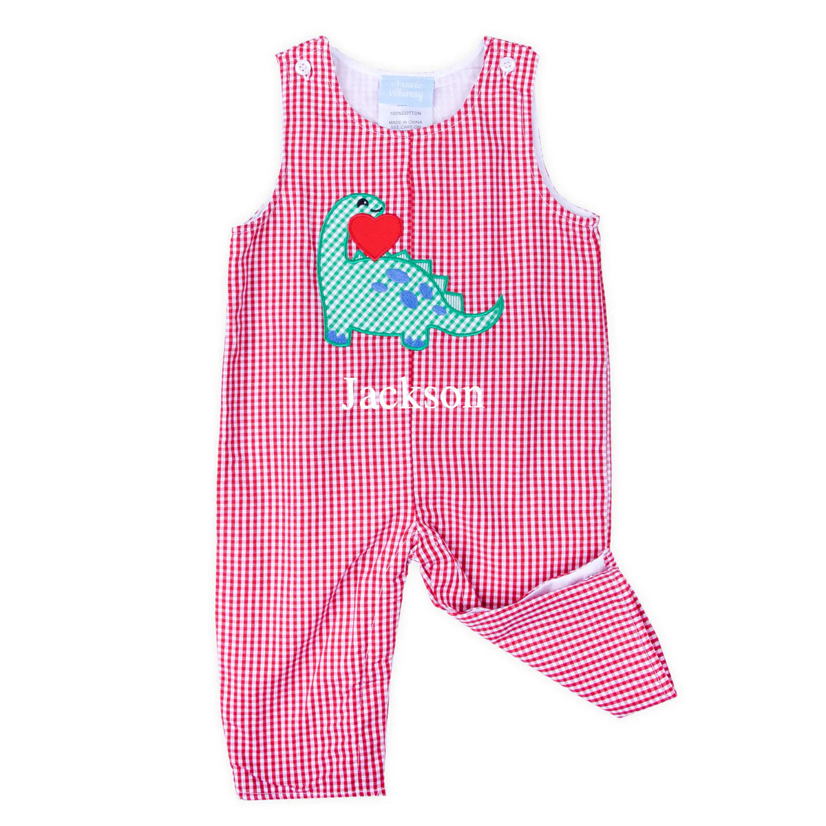 Valentine Dinosaur Applique Red Gingham Longall | Classic Whimsy