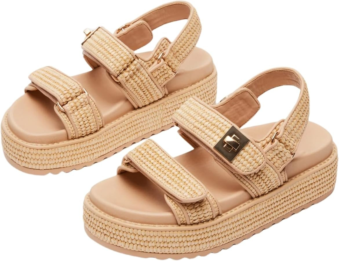 Raffia Woven Platform Sandals for Women Open Toe Comfort Slingback Adjustable Metal Buckle Double... | Amazon (US)
