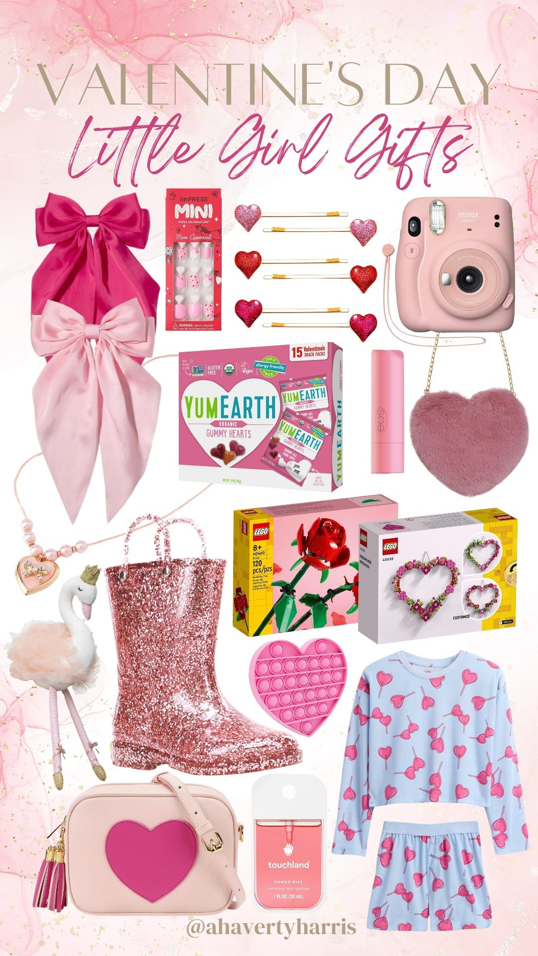 Valentine’s Day Little Girl Gift Guide - I love creating Valentine’s baskets for my girls on February 1st so they have a couple of weeks to enjoy all things Valentine’s Day, like oversized pink hair bows, glitter rain boots, valentines pajamas, Lego heart, Valentine’s LEGO, heart handbags, and more! girls Valentine’s Day gifts, love basket

#LTKmomlife #LTKKids