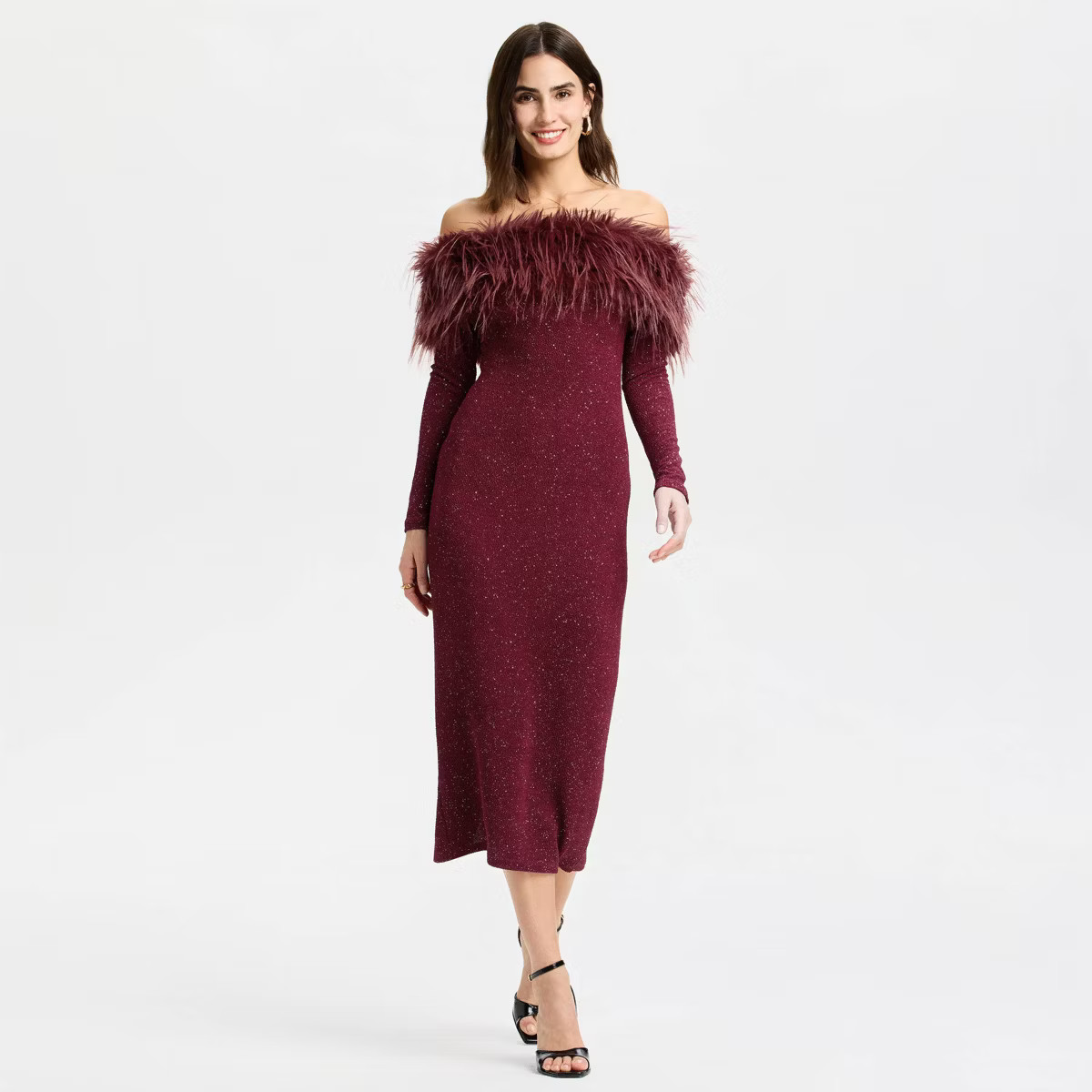 Women's Long Sleeve Faux Fur Off the Shoulder Midi Dress - A New Day™ | Target