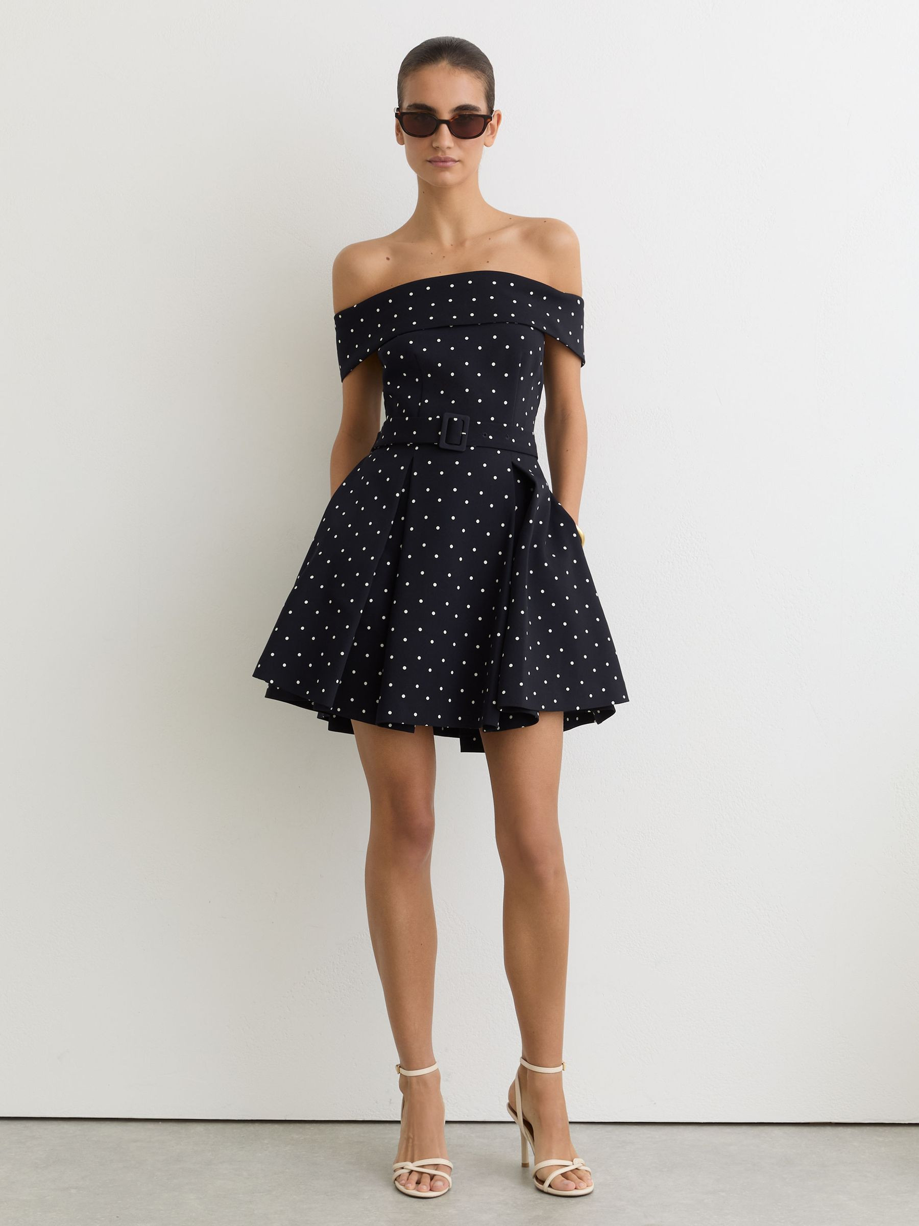 Reiss Polka-Dot Off-Shoulder Mini Dress in Navy/Ivory - REISS | Reiss UK