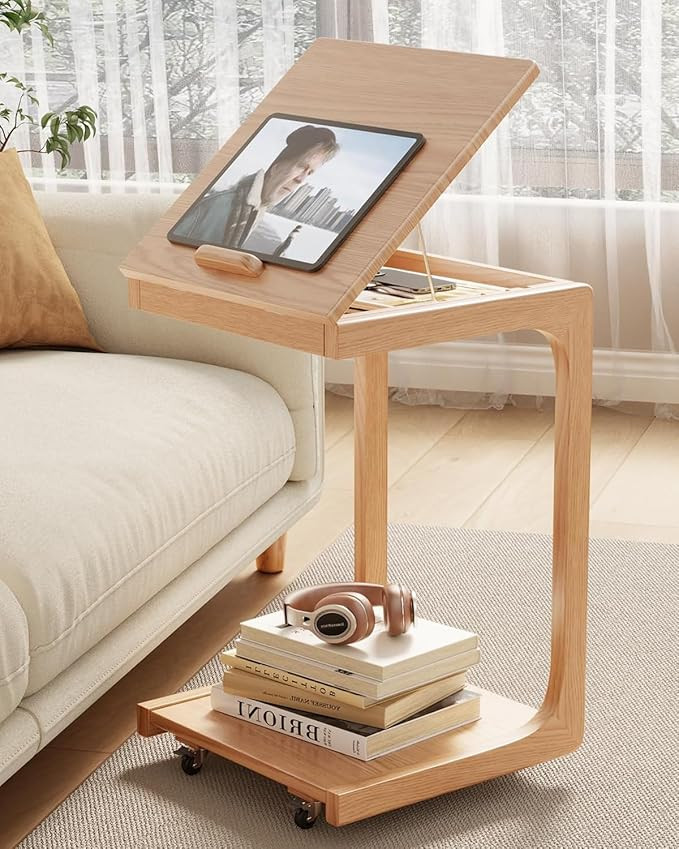 AQIMUELE Wooden C-Shaped End Table,Couch Table with Adjustable Desktop,Small Rolling Side Table w... | Amazon (US)
