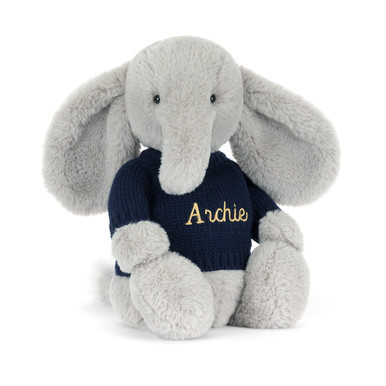 Bashful Luxe Elephant Thuddeus with Personalized Navy Jumper | Jellycat US