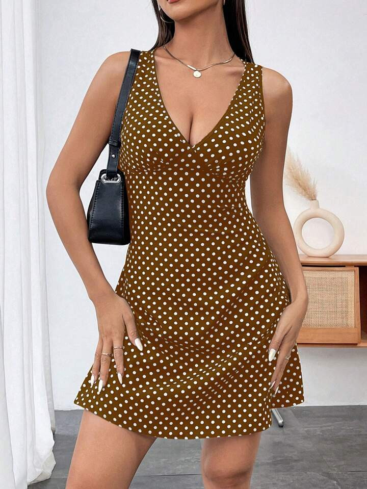 SHEIN Privé Women Fashionable Polka Dot Printed Sleeveless V-Neck Dress | SHEIN