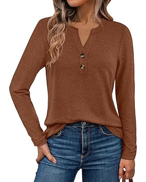 WYNNQUE Womens Long Sleeve Shirts Business Casual Outfits Dressy Tops Blouses Henley V Neck Fall ... | Amazon (US)