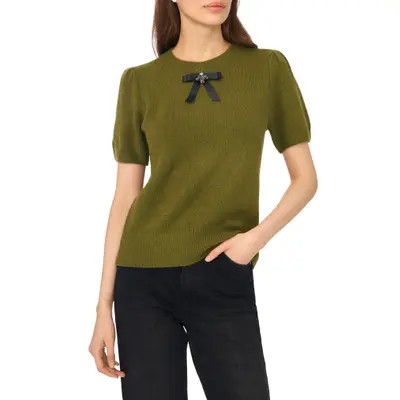 CeCe Bow Short Sleeve Crewneck Sweater in Capulet Olive at Nordstrom, Size X-Small | Nordstrom