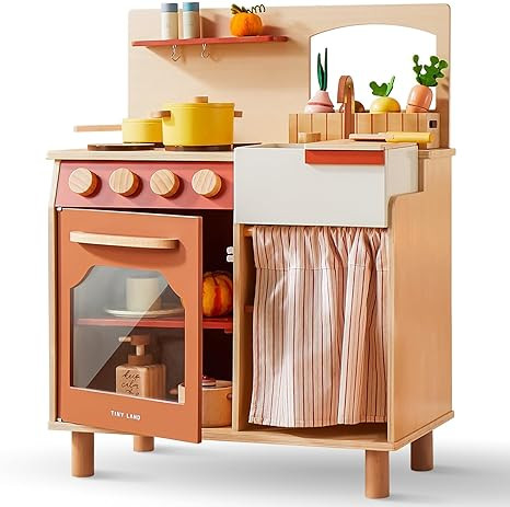 Tiny Land Play Kitchen Set, Toddler Kitchen with Cutting Food Set, Wooden Kitchen Sets for Kids, ... | Amazon (US)