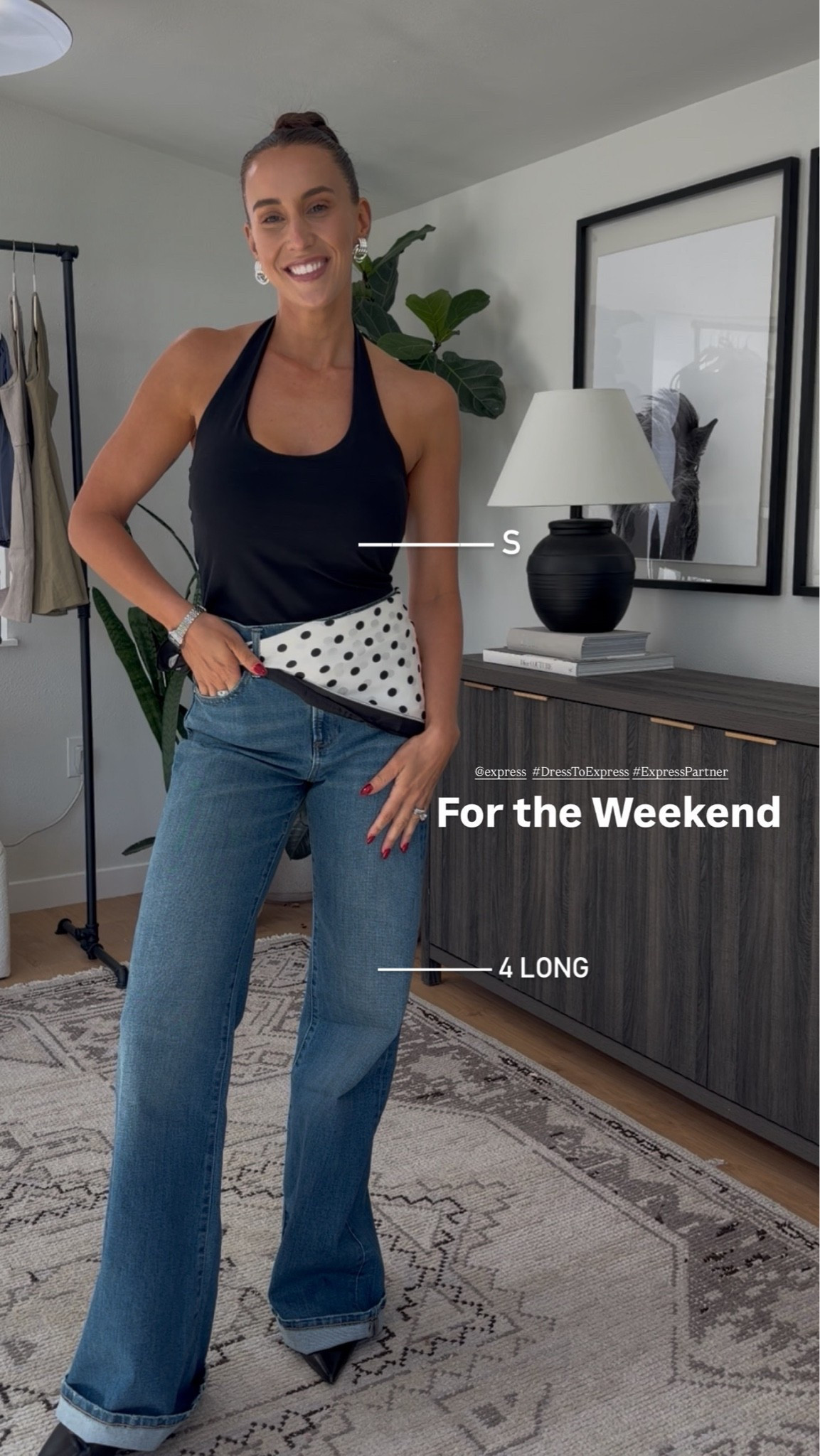 Same @Express jeans, weekend version 🍸 

Black halter tank tucked in, waist visible, nothing fussy — and the scarf at the hip is doing more than it looks like. 

Small in the top, size 4 long in the denim. #DressToExpress #ExpressPartner #liketkit

#LTKgrwm #LTKSeasonal #LTKootd